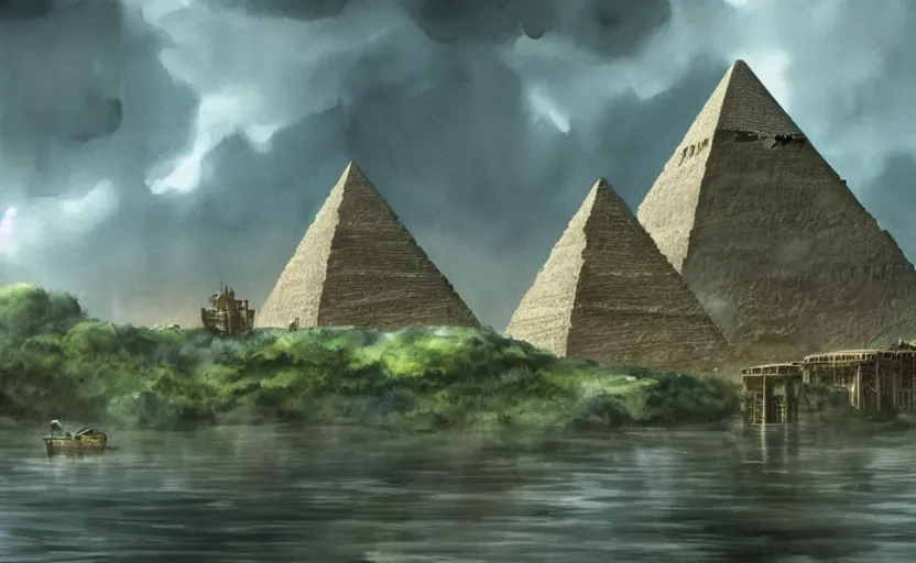 Image similar to a realistic and atmospheric cell - shaded watercolor concept art from howl's moving castle ( 2 0 0 4 ) of a sci - fi city and an egyptian pyramid complex in a flooded rainforest. very dull muted colors, hd, 4 k, hq