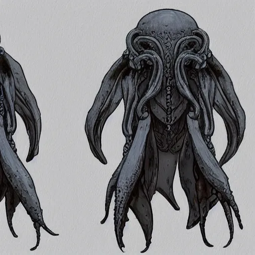 Prompt: concept designs for an end game boss that is an ethereal obsidian ghostly wraith like figure with a squid like parasite latched onto its head and long tentacle arms that flow lazily but gracefully at its sides like a cloak and chains rattling at its sides while it floats around a frozen rocky tundra in the snow searching for lost souls and that hides amongst the shadows in the trees, this character has hydrokinesis and electrokinesis for the resident evil village video game franchise and inspired by vecna from stranger things