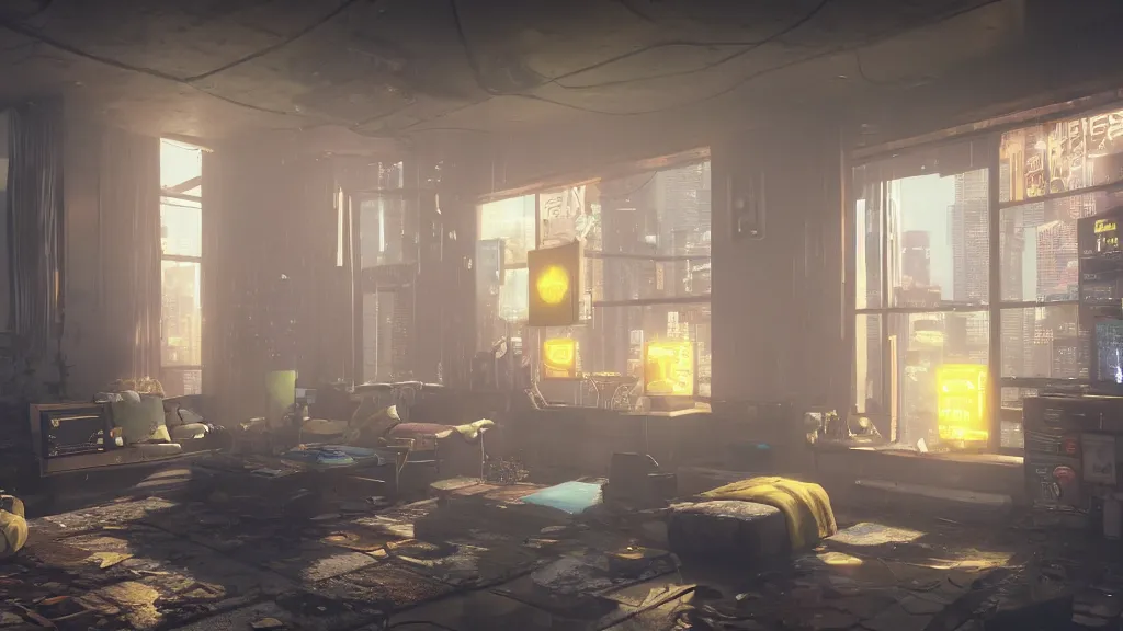 Image similar to Sponge Bob in the apartment room in a cyberpunk city, soft god rays from city lights outside the window, unreal engine 5, soft neon atmosphere, photorealistic, soothing colors, somber melancholic matte painting, hyperrealism, hyperrealistic, cinematic masterpiece, cyberpunk style 8k ultrahd octane render