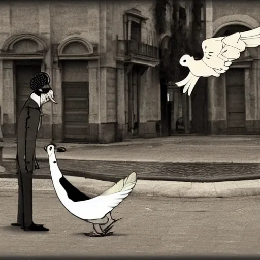 Prompt: a mexican pigeon being complacent with a french platypus spy, in the middle of pissa square italy, sepia anime style