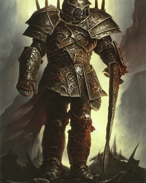 Image similar to a heavily armoured warhammer chaos warrior, by Thomas Cole and Wayne Barlowe
