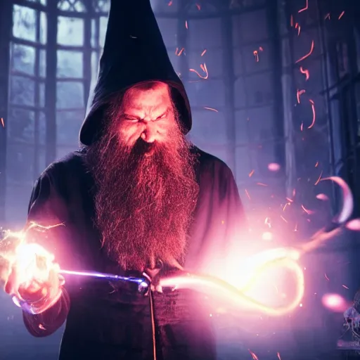 Image similar to dark wizard casting spell, alchemist lab, hyperrealistic, cinematic atmosphere, high definition, epic