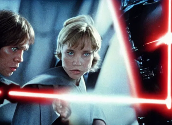 Image similar to screenshot from the lost star wars film, Luke Skywalker facing off against a female sith lord, iconic scene from the lost Star Wars film, Remnants Of the Empire, 1990 directed by Stanely Kubrick, lens flare, moody cinematography, with anamorphic lenses, crisp, detailed, 4k