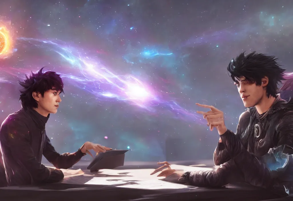 Prompt: a male mage in his 2 0 s with black hair sitting creating the universe, sitting on the desk in front of wide monitor. unreal engine, extremely detailed, award - winning art, trending on artstation