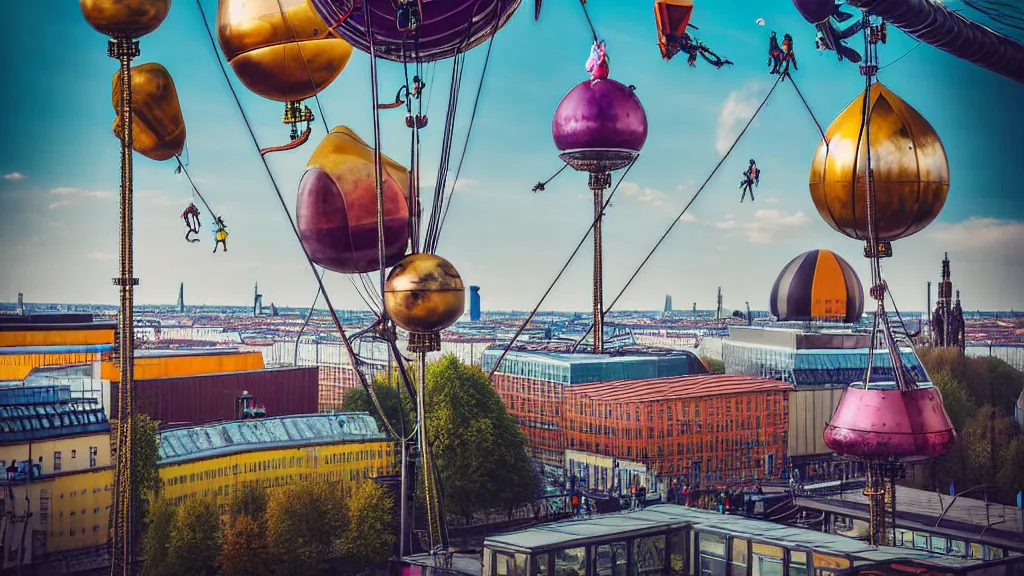 Image similar to large colorful futuristic space age metallic steampunk steam - powered balloons with pipework and electrical wiring around the outside, and people on rope swings underneath, flying high over the beautiful berlin city landscape, professional photography, 8 0 mm telephoto lens, realistic, detailed, photorealistic, photojournalism