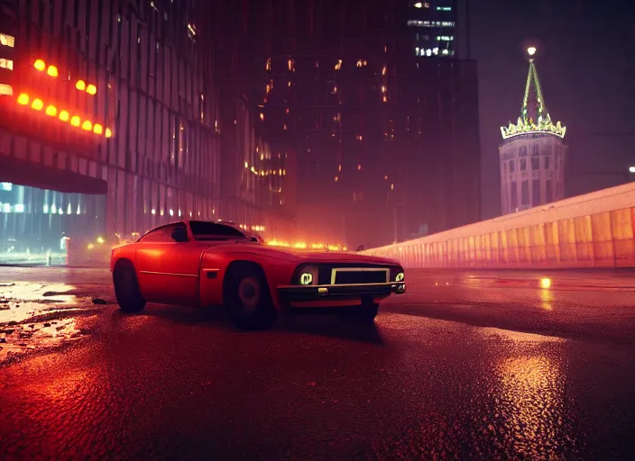 Prompt: gta in moscow, playstation 5 screenshot, mega details, dark night, orange lights, heavy rain, fog, beautiful rtx reflections, brutalism buildings, photorealistic, unreal engine 5, octane render, volumetric light, cg society, 4 k, bokeh, lada car, artstation