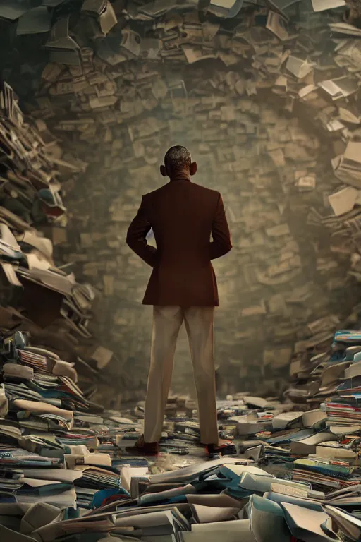 Image similar to obama nervously standing by a mountain of papers, cybertronian, long shot, cinematography by wes anderson, 4 k octane render, intricate detail, photorealistic, cinematic lighting, artstation