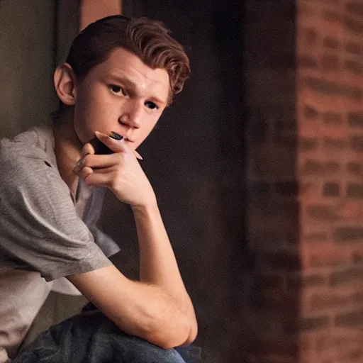 tom holland smoking a cigarette outside of an | Stable Diffusion