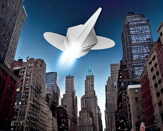 Image similar to ufo spaceship orbiting new york city. high momentum.