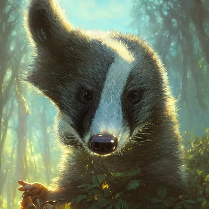 Prompt: highly detailed portrait of a cute badger, unreal engine, fantasy art by greg rutkowski, loish, rhads, ferdinand knab, makoto shinkai and lois van baarle, ilya kuvshinov, rossdraws, tom bagshaw, alphonse mucha, global illumination, radiant light, detailed and intricate environment