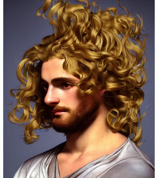 Image similar to clean cel shaded art of the greek God Apollo, long fluffy curly blond hair, light platinum long blond hair, Alexandre Cabanel, norman rockwell, peter paul rubens, maler collier, frank frazetta, alphonse mucha, gustav klimt 4k, unreal 5, DAZ, french noveau, trending on artstation, octane render, hyperrealistic