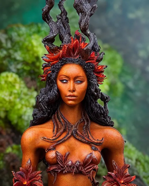 Prompt: 5 5 mm portrait photo of pele a hawaiian fire goddess holding molten lava standing in cauldera of volcanoe, wreath of anthuriums around her head and waist. by luis royo. highly detailed 8 k. intricate. lifelike. soft light. nikon d 8 5 0. cinematic post - processing