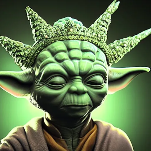 Prompt: Yoda with a diamond jeweled crown with a golden crown, photo-realistic, highly detailed, 8k, in the art style of Filip Hodas, 8k