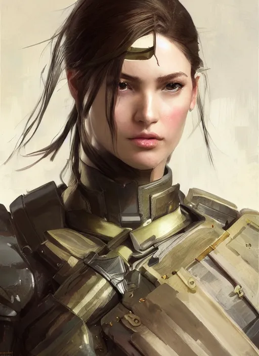 Image similar to a professional painting of a beautiful young female, clothed in military armor, olive skin, long dark hair, beautiful bone structure, symmetrical facial features, intricate, elegant, digital painting, concept art, smooth, sharp focus, illustration, from Metal Gear, by Ruan Jia and Mandy Jurgens and Artgerm and William-Adolphe Bouguerea