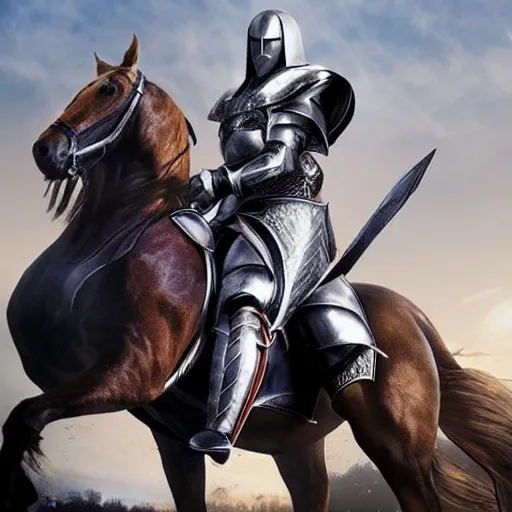 Image similar to a photo of Matthew Mercer wearing templar knight armor riding a horse into battle