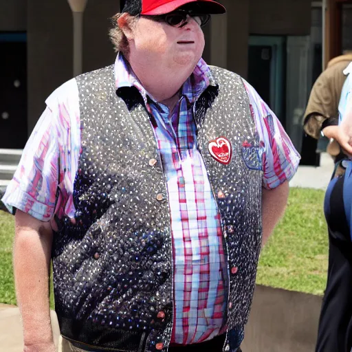 Image similar to Michael moore wearing a mickey mouse hat, tons of disney pins on his vest