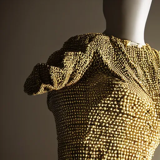 Image similar to a beautiful dress made of a real bee hive, on a mannequin. high resolution, studio lighting, closeup