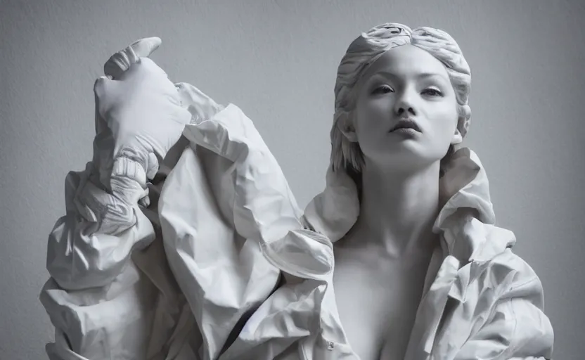 Image similar to well lit fashion shoot portrait of extremely beautiful female marble statue wearing huge over size puffer jacket by dingyun zhang, yeezy, balenciaga, vetements, a cold wall, sharp focus, clear, detailed,, cinematic, detailed, off white, glamourous, symmetrical, vogue, editorial, fashion, magazine shoot, glossy