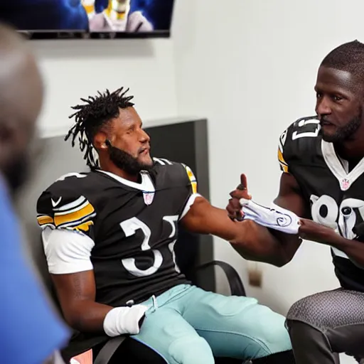 Image similar to nfl antonio brown receiving therapy from professional for mental illness real life, 8 k, 4 k uhd, realistic, hyper realistic, super detailed, very detailed, detailed