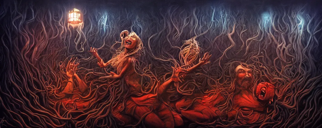 Image similar to wild emotion and thought creatures repressed in the depths unconscious of the psyche lead by baba yaga, about to rip through and escape in a extraordinary revolution, dramatic lighting, surreal painting by ronny khalil