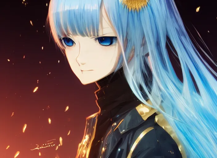 Prompt: rimuru with sky blue straight hair, bangs, amber eyes, gold eyes, wearing a black studded jacket, high collar, ultra detailed, concept art, mean look, award winning photography, digital painting, cinematic, by wlop, anime key visual, closeup, pixiv, 8 k, yoshitaka amano, ilya kuvshinov,