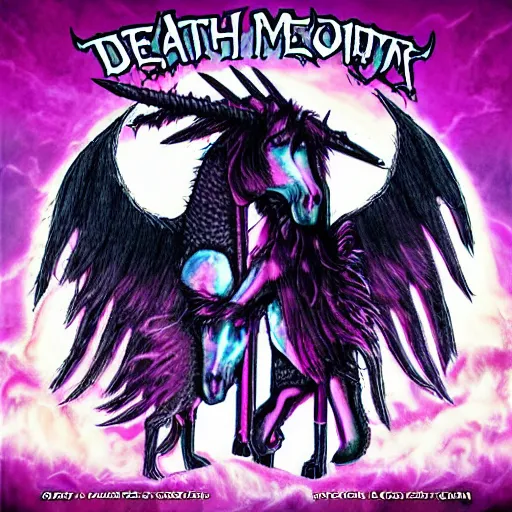 Image similar to death metal album cover featuring fluffy unicorns and cotton candy