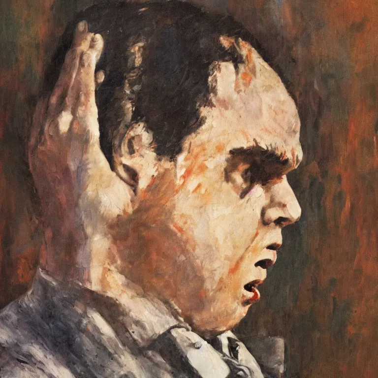 Prompt: warmly lit close up studio portrait of young angry!! teenage Richard Nixon angrily singing, impasto oil painting thick brushstrokes by Cy Twombly and Anselm Kiefer , trending on artstation dramatic lighting abstract Expressionism