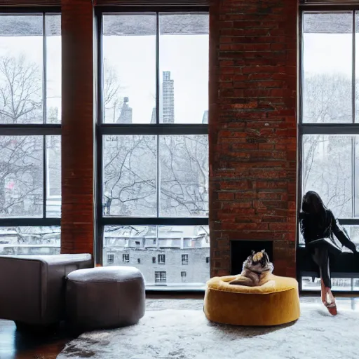 Prompt: modern loft overlooking central park in winter, snowing, fireplace roaring, woman sitting in modern leather chair looking out the window, warm lighting, blizzard outside, nyc