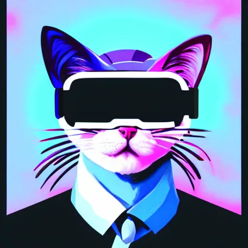 Prompt: cat wearing vr goggles, vaporwave poster illustration, artstation trending