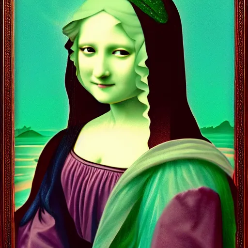 Image similar to Hatsune Miku in the style of Mona Lisa, Hatsune Miku painting