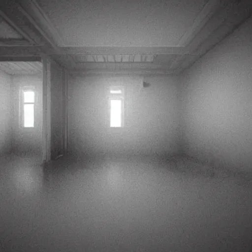 Image similar to a small long room the room is dirty in the right side there is a window you can't see anything because there's a fog in the right window in the left side there is a door in the other side of the door they are a couple of zombies getting the door the door is almost broken because of the zombies zombie apocalypse style