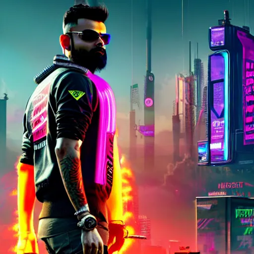 Image similar to Virat Kholi, in CyberPunk 2077, reimagined as a cyberpunk dystopia, 4k highly detailed digital art 4k highly detailed digital art