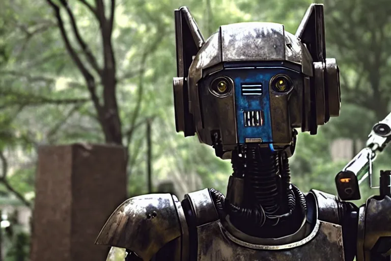 Image similar to film still from the movie chappie of the robot chappie shiny metal outdoor scene bokeh depth of field furry anthro anthropomorphic stylized wolf dog canine ears head android service droid robot machine fursona