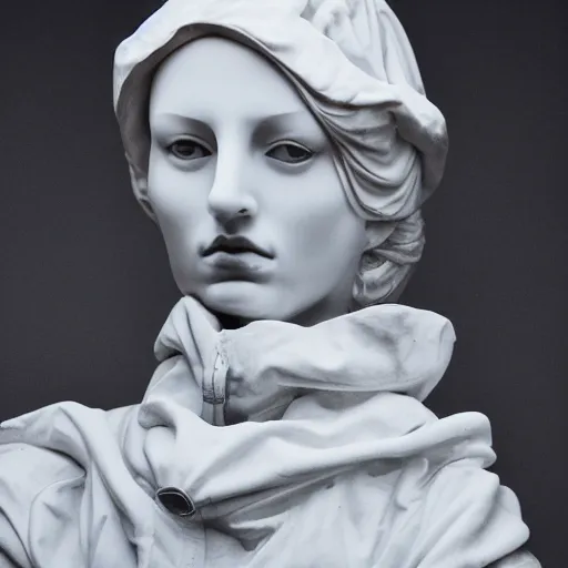 Image similar to well lit fashion shoot portrait of extremely beautiful female marble statue wearing huge over size puffer jacket by dingyun zhang, yeezy, balenciaga, vetements, a cold wall, sharp focus, clear, detailed,, cinematic, detailed, off white, glamourous, symmetrical, vogue, editorial, fashion, magazine shoot, glossy