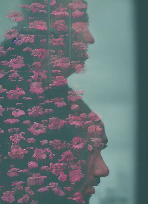 Prompt: double exposure portrait of a man looking out of a window at flowers, an album cover by hsiao - ron cheng, art photography, unsplash, aestheticism, multiple exposure, glitch art, ethereal