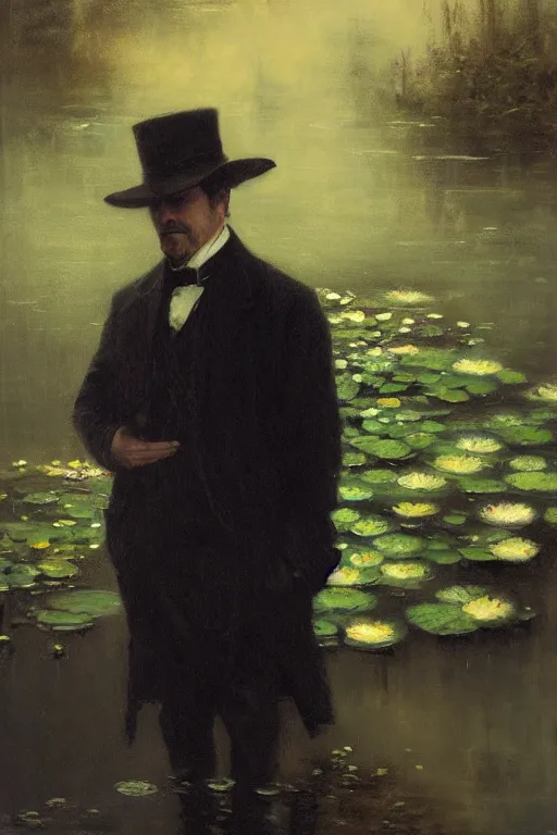 Prompt: detailed cinematic moody colors studio portrait of a victorian gentleman in a victorian pond, water lilies, high quality by jeremy mann, only one head single portrait