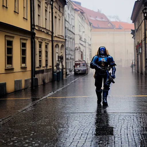 Prompt: a space marine walks on a rainy street in prague, dlsr 5 5 mm