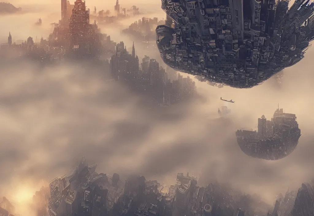 Image similar to flying dragon city by alena aenami, zeppelin dock, city flying in the air, mist below buildings, steampunk, looking from below, thick fog, digital art, 4 k, trending on artstation, epic composition, highly detailed, golden hour