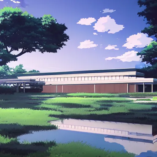Prompt: farnsworth house in an anime film, directed by makoto shinkai, artbook
