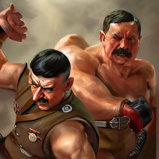 Prompt: Muscular adolf hitler fighting muscular Joseph stalin , digital art by Mandy Jurgens and Irina French and Heraldo Ortega , hyperdetailed, artstation, cgsociety