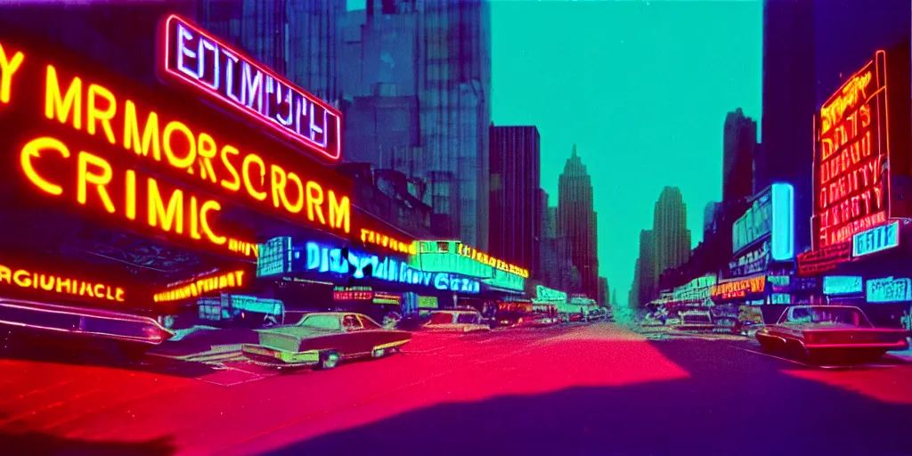 Image similar to 1 9 7 0 s chrome cityscape, mirrored finish, neon lights, dirty, ektachrome photograph, volumetric lighting, f 8 aperture, cinematic eastman 5 3 8 4 film