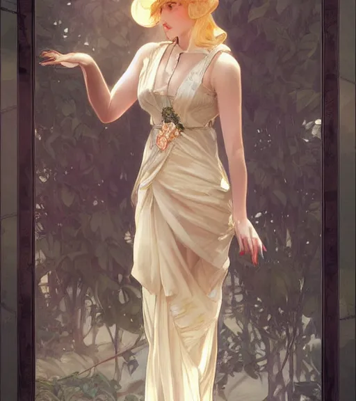 Prompt: Blonde girl in the roaring twenties wearing a dress, full-body shot, digital painting, smooth, elegant, hd, art by WLOP and Artgerm and Greg Rutkowski and Alphonse Mucha