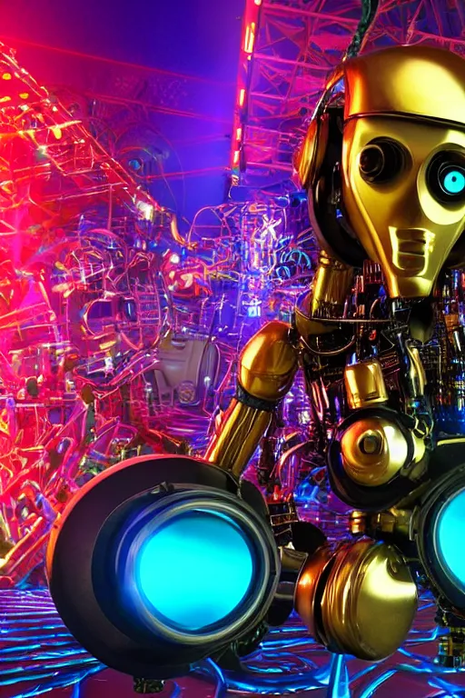 Prompt: portrait photo of a giant huge golden and blue metal humanoid steampunk robot female singer with headphones and gears and tubes, in the foreground is a big red glowing microphone, eyes are glowing green lightbulbs, shiny crisp finish, 3 d render, 8 k, insaneley detailed, fluorescent colors, background is multicolored lasershow