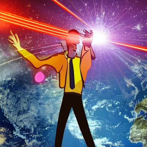 Prompt: a guy who shoots lasers out of his eyes, in the center of the earth
