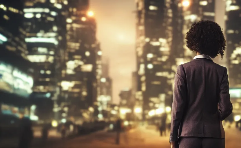 Image similar to a wide shot of a woman with a wool suit, short hair, blurred face, from the back, in front of a crowded dystopian city at night with cyberpunk lights