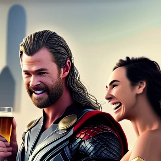 Prompt: cinematic film scene of Thor Chris Hemsworth and wonder woman gal gadot laughing having a beer, MCU, photo realistic, ultra detailed, trending on artstation, concept art, unreal engine render, 16k