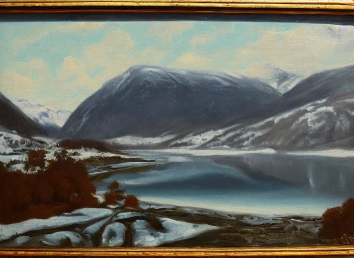 Image similar to norwegian fjords in winter in the style of hudson river school of art, oil on canvas