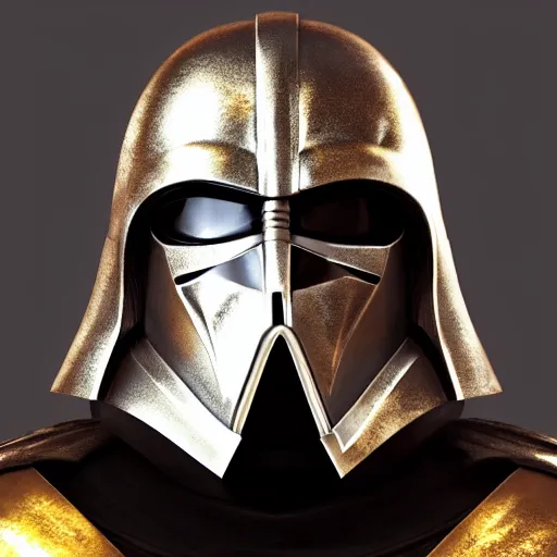 Image similar to realistic templar knight helm design inspired by darth vader, epic scale, character concept art, face symmetry, intricate accurate details, artstation trending, octane render, cinematic color grading, soft light, rule of thirds, golden ratio, like a professional model, cinematic, 8 k, clear.