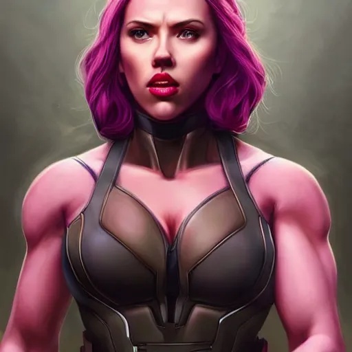 Image similar to scarlett johansson as thanos, feminine beautiful muscular fitness model wearing armor, very dark purple skin, red lips, super very strong jaw, shredded abs, pin up, attractive, highly detailed full body portrait, pretty face, elegant, breathtaking art, concept art, by artgerm and ilya kuvshinov