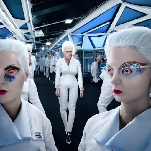 Image similar to troop of freak show women with white hair, white hair, tight light blue neopren suits, futuristic production facility, sci - fi, highly detailed, cinematic